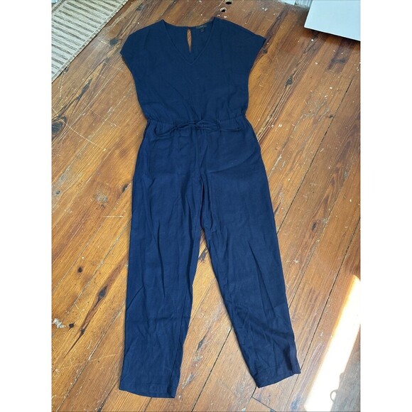 J.Crew Linen Blend V-Neck Relaxed Jumpsuit Playsuit Preppy Navy Blue size Small - Picture 1 of 6